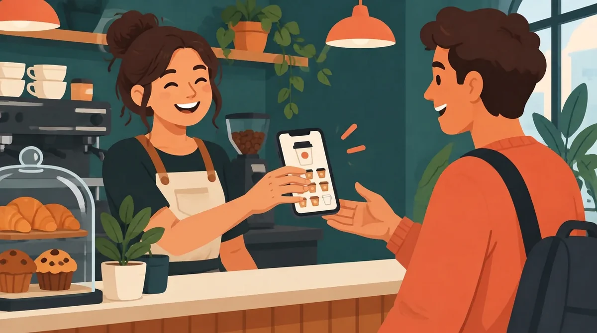 Barista podává zákazníkovi telefon s digitální razítkovou kartou