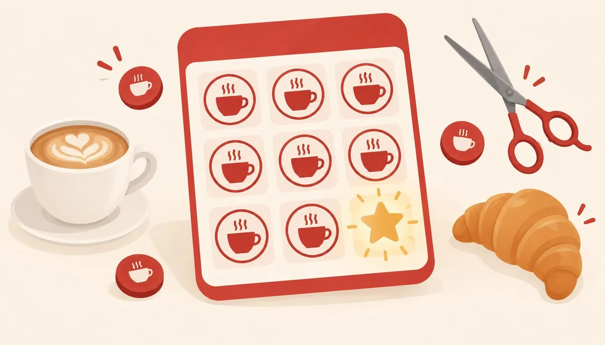 Illustrazione di una tessera fedeltà digitale con otto timbri caffè completati e un premio gratuito che brilla
