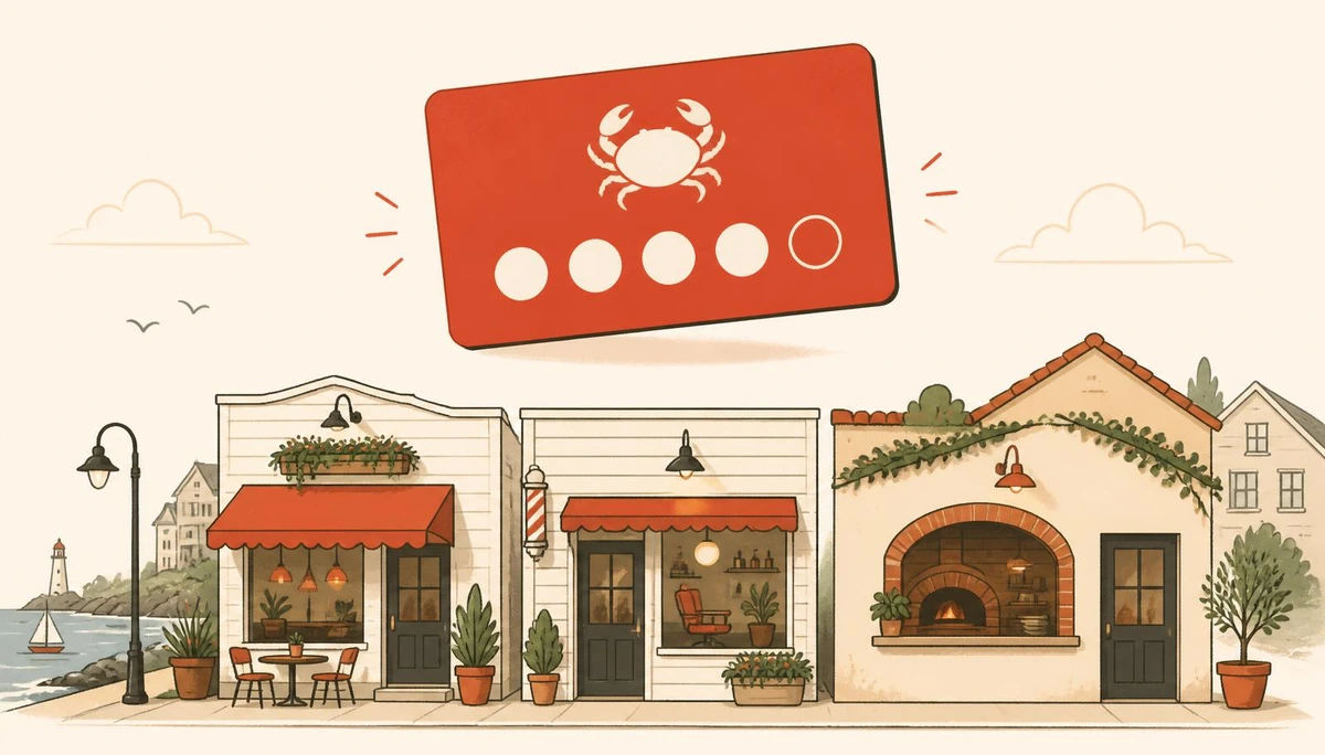 Illustration of a cafe, barbershop and pizza place sharing one red CrabTap digital loyalty card